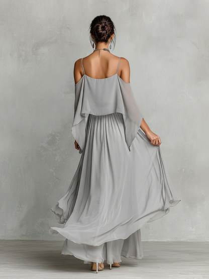 Women's Grey Breathable Chiffon Set With Cold-Shoulder Detail & Flared Silhouette, Contemporary Luxury-Feminine Style Set