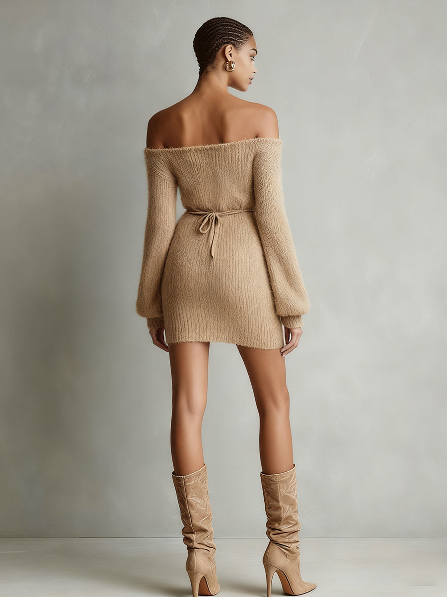Women's Camel Elegant Fuzzy Knit Off - The - Shoulder Belted Mini Dress