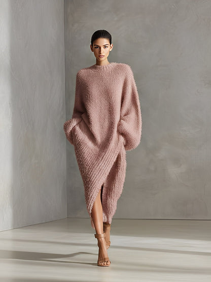 Women's Cream Elegant Faux Mink Knit Asymmetric Slit Midi Dress