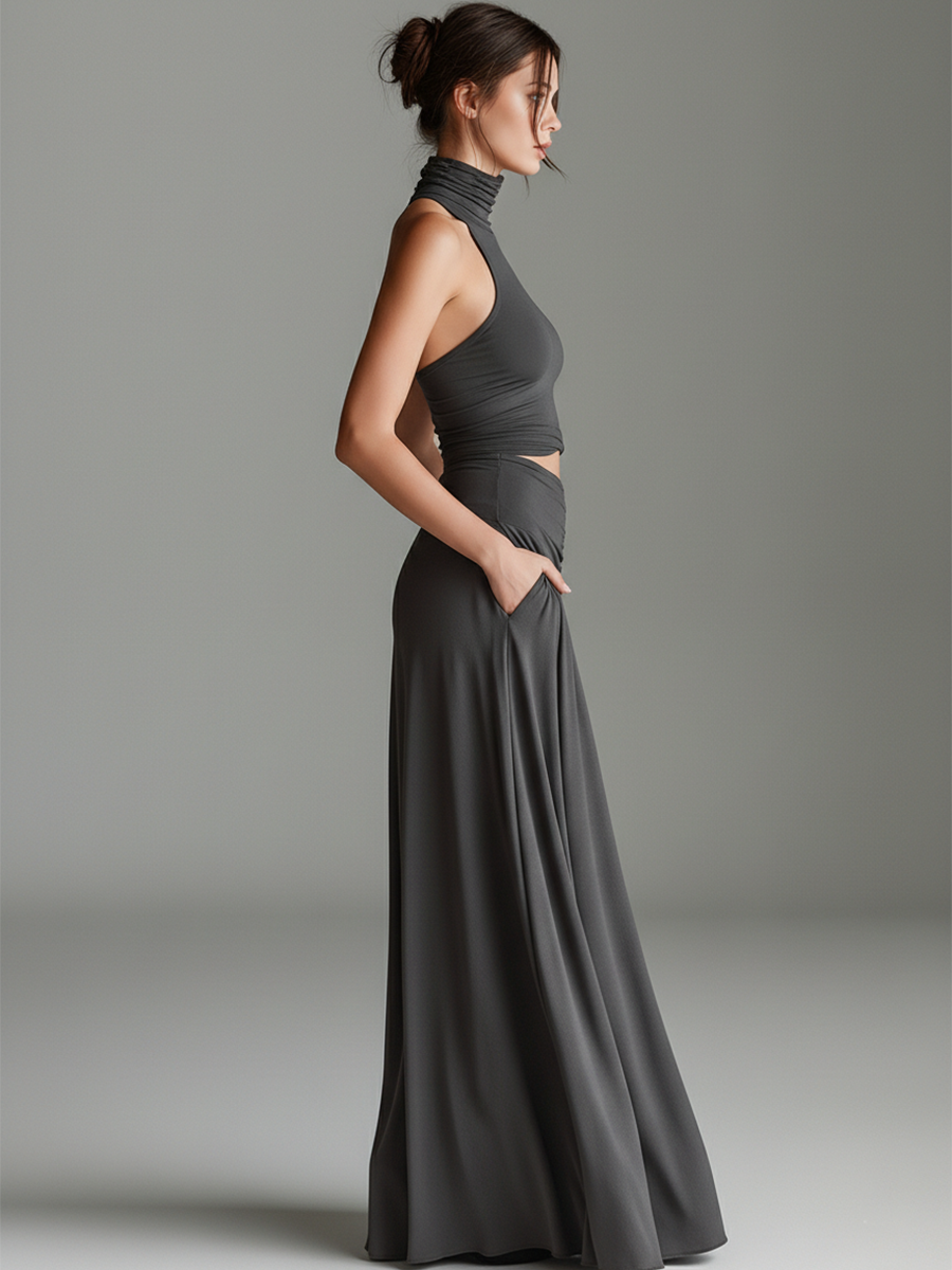 Women's Charcoal Gray Stretch Knit Dress With Turtleneck Halter & Cutout Waist, Timeless Minimalist Elegant Style Dress
