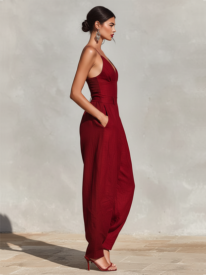 Women's Red Linen Jumpsuit With Spaghetti Straps & High-Waisted Pleated Pants, Timeless Romantic-Elegant Style Jumpsuit