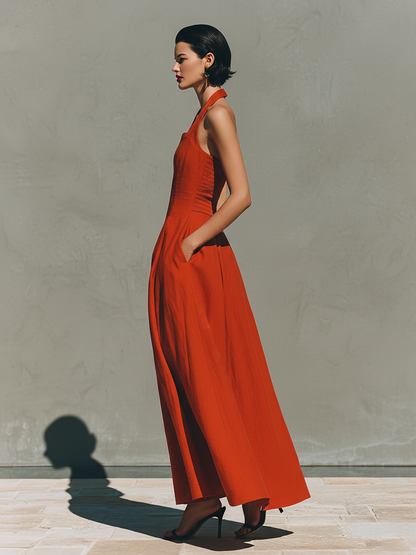 Women's Red Linen Maxi Dress With Halter Neck & Pleated Skirt, Timeless Elegant-Resort Style Dress