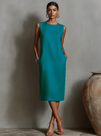 Women's Orange Linen Shift Dress With Sleeveless Round Neck & Side Pockets, Timeless Minimalist-Elegant Style Dress